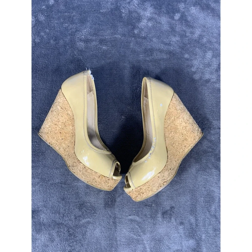 Jimmy Choo Size 37 1/2 Natural Papina Patent Leather and Cork Wedges $450